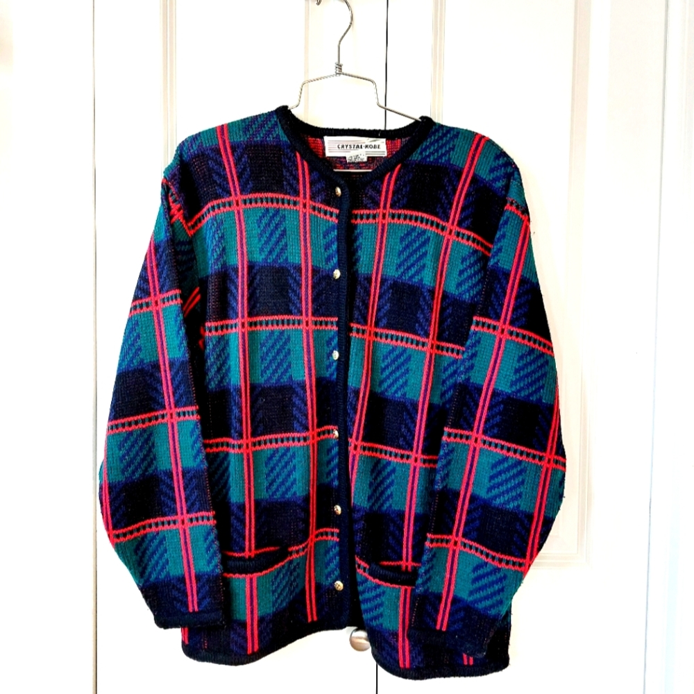 1980s Plaid Christmas Cardigan "Ugly"‎ Sweater size XL Crystal-Kobe